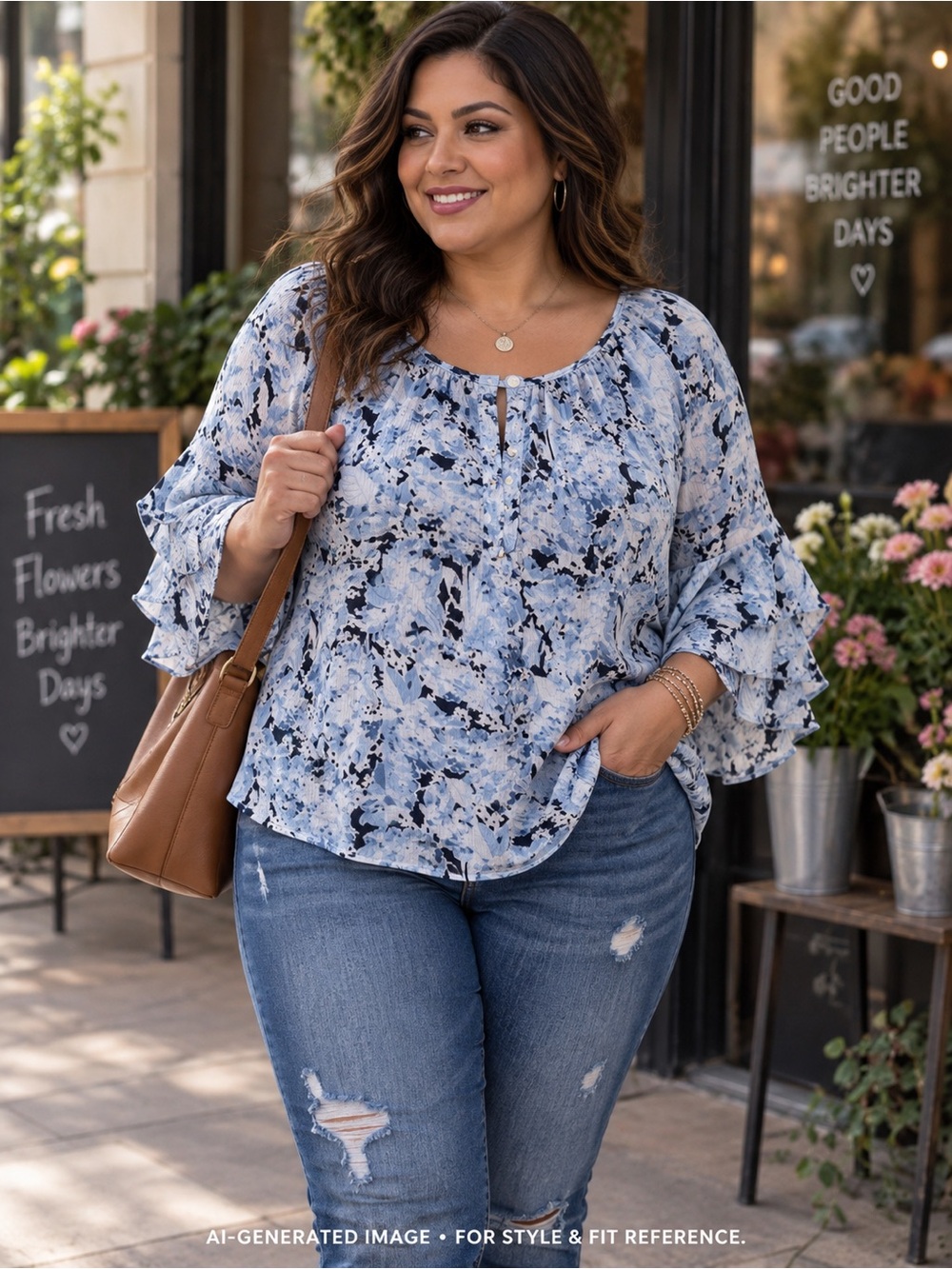 Chaps Light Blue and Navy Abstract Bell Sleeve Blouse